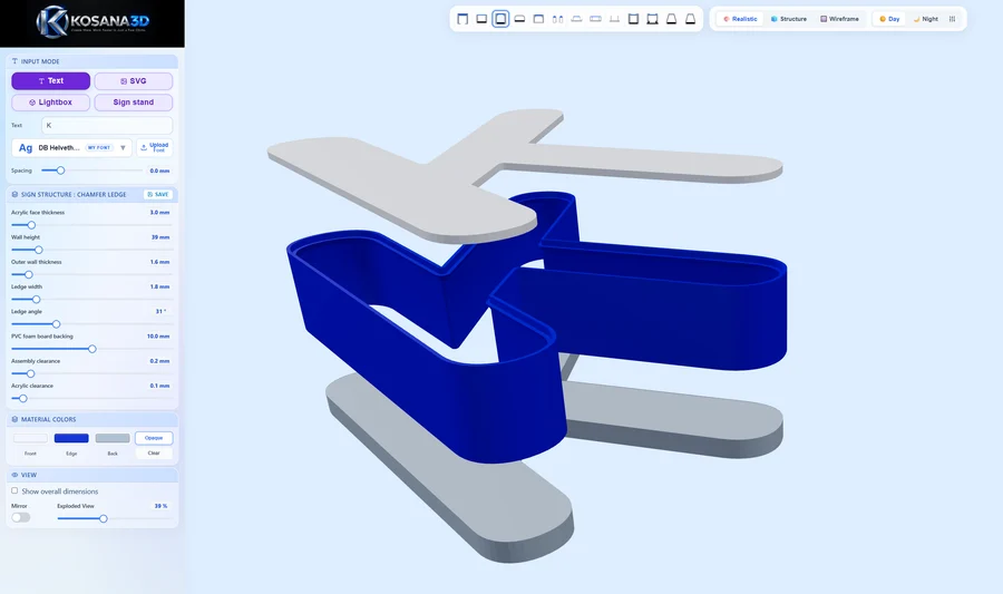 English KOSANA3D editor with text and structure controls on the left and a letter K shown as separate face, body and backing parts